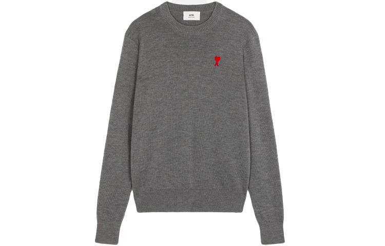AMI Paris Свитер FW21 Red Logo Embroidery Knitting Round Neck Hedging Sweater Grey